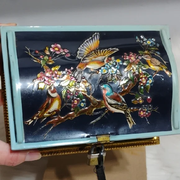 Linette Thin Metal Hand-Painted Floral & Bird Decor Print Box W Lock/Keys (BX80) - Picture 9 of 15